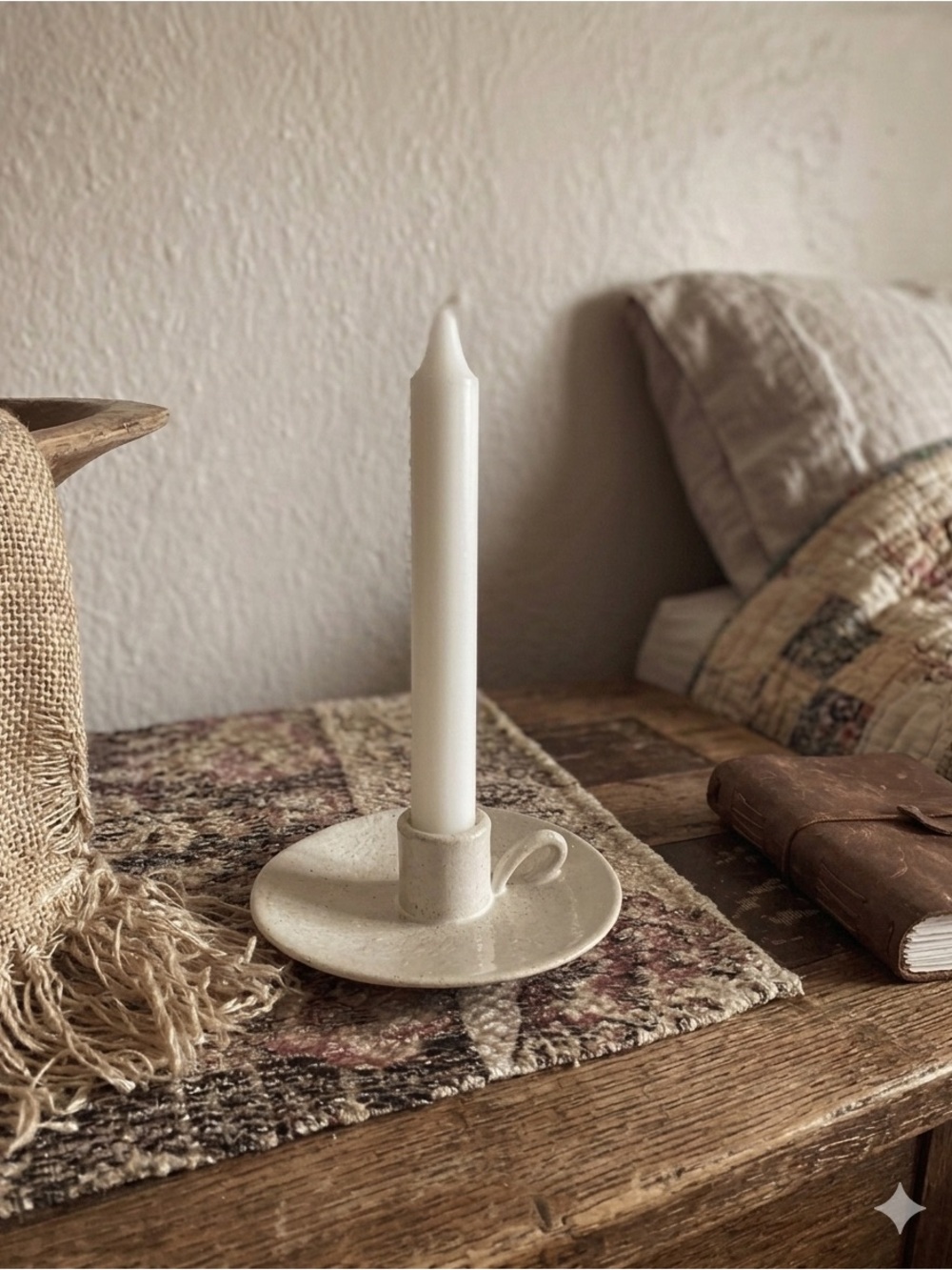 Rustic Vintage Cream Ceramic Taper Candle Holder